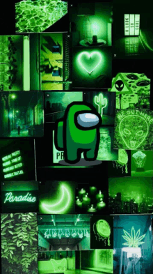 a green among us character is in the middle of a collage of green images