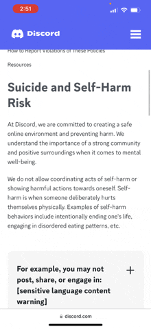 a screenshot of a page on discord about suicide and self-harm risk