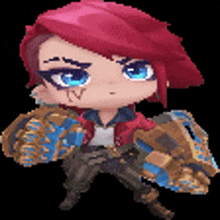 a pixel art of a girl with red hair holding a shield .