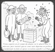 a black and white drawing of three beekeepers with bees on their heads