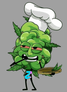 a cartoon drawing of a marijuana plant wearing a chef 's hat and holding a tray