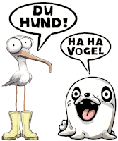 a cartoon of a stork with a speech bubble saying du hund