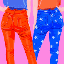 a pair of women wearing red and blue jeans with stars on them