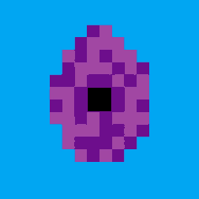 a pixel art of a purple flower with a black center on a blue background .