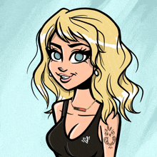 a cartoon drawing of a woman with a tattoo on her arm and a necklace that says i love you