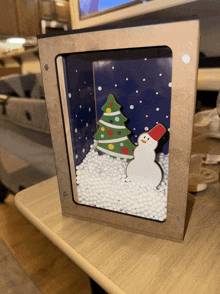 a picture frame with a snowman and a christmas tree inside