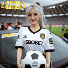 a woman wearing a soccer jersey that says sbobet on it