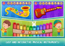 a saxophone guitar and xylophone are shown on a screen that says " easy and interactive musical instruments "