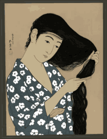 a painting of a woman in a blue and white floral kimono touching her hair