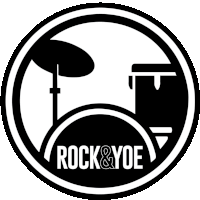 a black and white logo for rock & yoe with a drum set