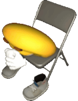 a cartoon character is sitting on a folding chair holding a yellow object