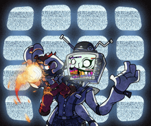 a cartoon drawing of a robot with a tv head holding a flamethrower