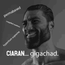 a man with a beard is smiling in a black and white photo that says " gigachad "