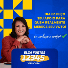 a poster for elza fortes veradora shows a woman smiling