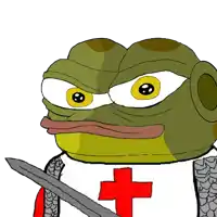 a cartoon frog holding a sword with a red cross on his shirt