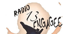 a logo for radio 73 engagee with a person 's hand