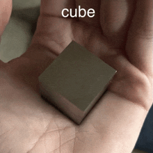 a hand holding a small cube with the word cube written above it