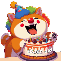 a cartoon dog wearing a clown hat is holding a birthday cake that says idoge day