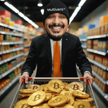 a man wearing a beanie that says multivers is pushing a shopping cart full of gold coins