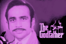 a man with a mustache is smoking a cigarette in front of the godfather logo