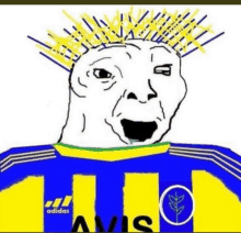 a cartoon of a man wearing a blue and yellow adidas shirt