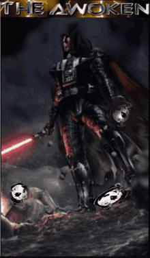 a poster of darth vader holding a red lightsaber with the words the awoken below him