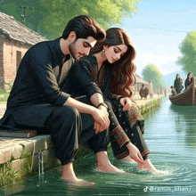 a painting of a man and woman sitting next to each other in the water