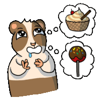 a cartoon of a guinea pig thinking about cupcakes and a lollipop