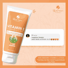 a tube of skin reborn vitamin e lightening lotion with aloe vera and glutathione