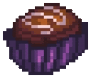 a pixel art cupcake with a purple wrapper and chocolate frosting .