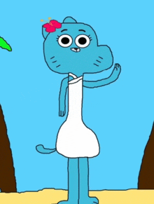 a drawing of gumball wearing a white dress