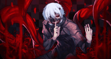 a man with white hair and red eyes is holding his finger to his mouth