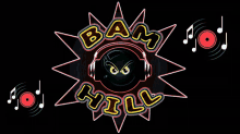 a neon sign that says bam hill with headphones on it