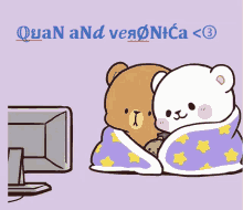 a cartoon of two teddy bears wrapped in a blanket with the words quan and vea on the bottom