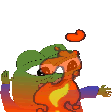 a pixel art drawing of a frog wearing a rainbow colored shirt .