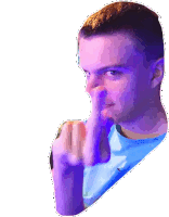 a man in a blue shirt is covering his mouth with his finger