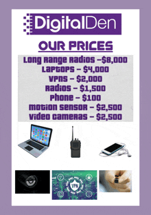 a poster advertising digital den 's prices including long range radios