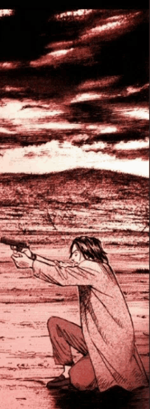 a drawing of a man holding a gun in front of a cloudy sky