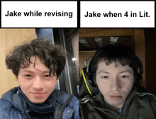 a picture of a man with headphones and the caption " jake while revising "