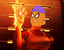 a cartoon character with a purple hat is holding a fireball