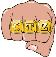 a fist with three gold rings that say ctz on them