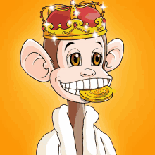 a cartoon of a monkey wearing a crown and holding a gold coin in his mouth