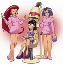 a group of cartoon characters are standing around a woman sitting in a chair getting her hair blow dried .