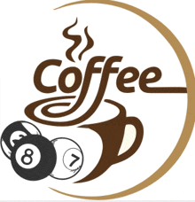 a logo for a coffee shop with a cup of coffee pool balls and the word coffee