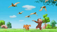 a monkey and a dog are standing in a field with birds flying in the background .