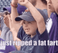 a group of people are sitting in a stadium with their arms in the air and a boy in a hat .