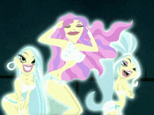 a cartoon of a woman with long pink hair and two other women