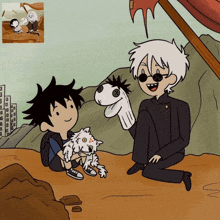 a cartoon of a boy holding a puppet and another boy holding a cat