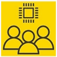 a group of people standing next to each other on a yellow background with a square in the middle .