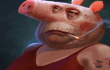 a cartoon pig is smoking a cigarette and has a tattoo on his arm